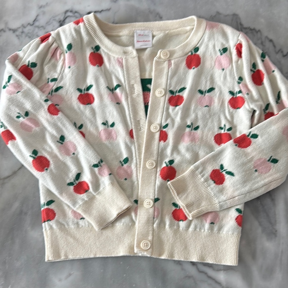 Hanna Andersson Cream Cardigan with Red and Pink Apple Print